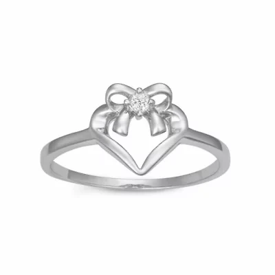 0.03CTTW Diamond Heart Ribbon Ring Rhodium Plated Sterling Silver
