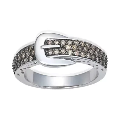 0.50CTTW Blue Diamond Buckle Ring Rhodium plated Sterling Silver