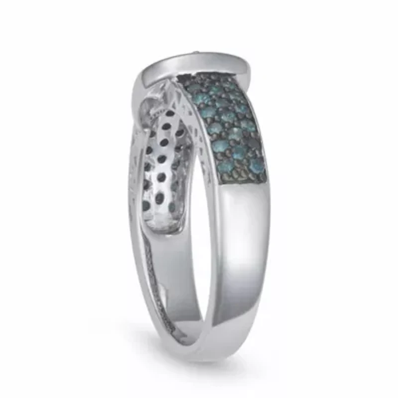 0.50CTTW Blue Diamond Buckle Ring Rhodium plated Sterling Silver