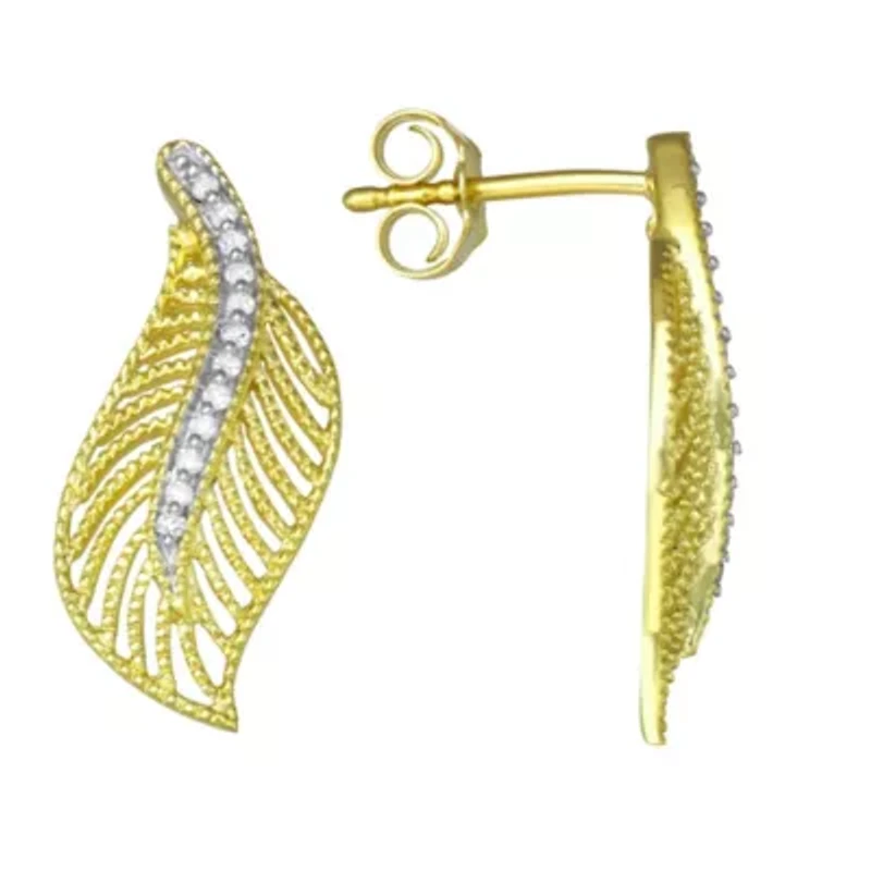 0.06CTTW Diamond Leaf Earring Yellow Gold Plated Over Sterling Silver