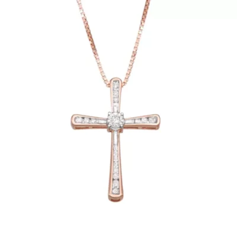 0.20CTTW Diamond Cross Pendant Rose Gold Plated Over Sterling Silver