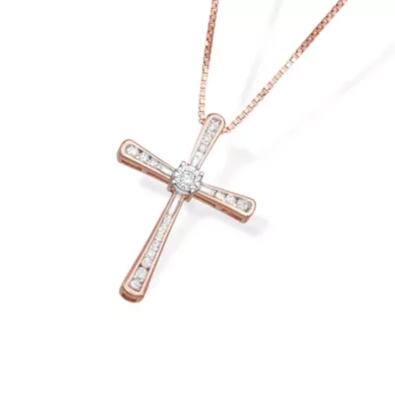 0.20CTTW Diamond Cross Pendant Rose Gold Plated Over Sterling Silver
