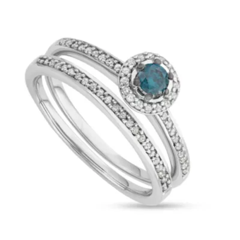 1/2 CTTW Blue  Diamond Center Halo Bridal Ring 10KW