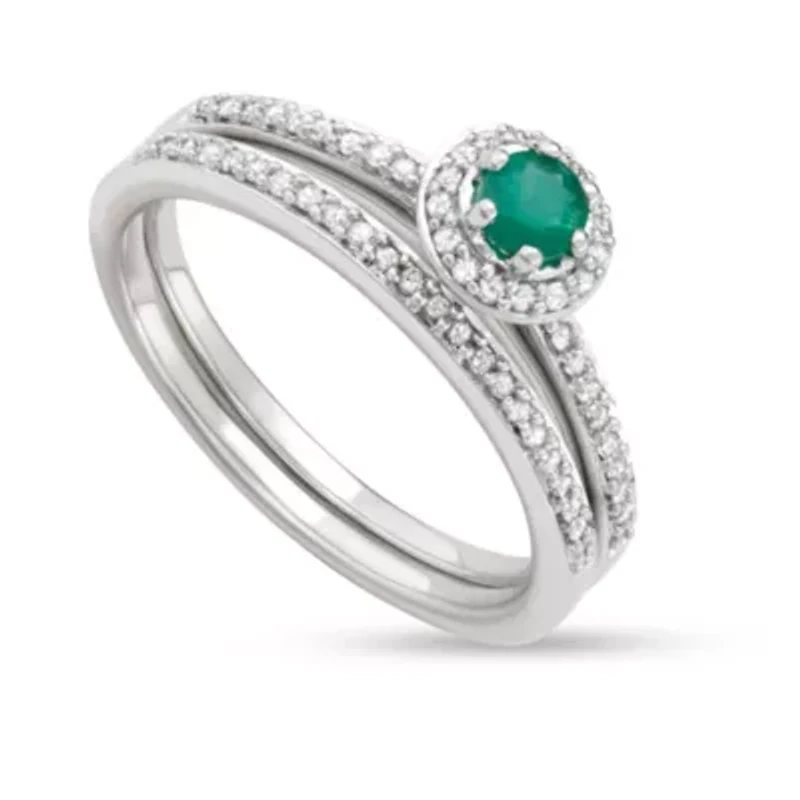 1/2 CTTW Wedding Rings With Emerald Gemstone White Diamond 10KW
