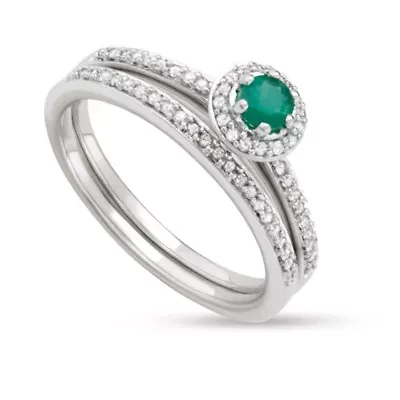 1/2 CTTW Wedding Rings With Emerald Gemstone White Diamond 10KW