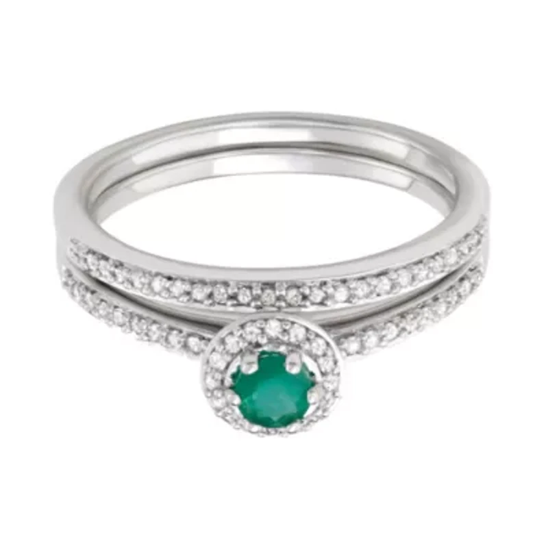 1/2 CTTW Wedding Rings With Emerald Gemstone White Diamond 10KW