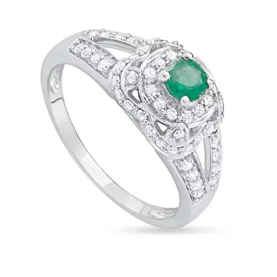 1 CTTW Diamond And Green Emerald Engagement Ring 14KW