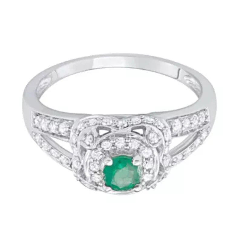 1 CTTW Diamond And Green Emerald Engagement Ring 14KW
