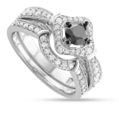 1.00 CTTW Black and White Diamond Bridal Ring Set 14K Gold