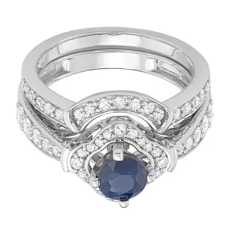 1.00 CTTW Blue Sapphire and White Diamond Bridal Ring Set 14K Gold