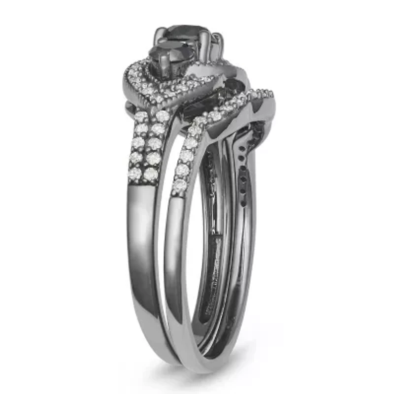 3/4 CTTW Black Diamonds Bridal Ring Rhodium Plated 10K Gold