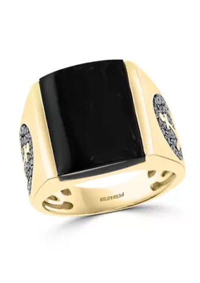 Black Agate And Black Diamond Ring In 14K Yellow Gold