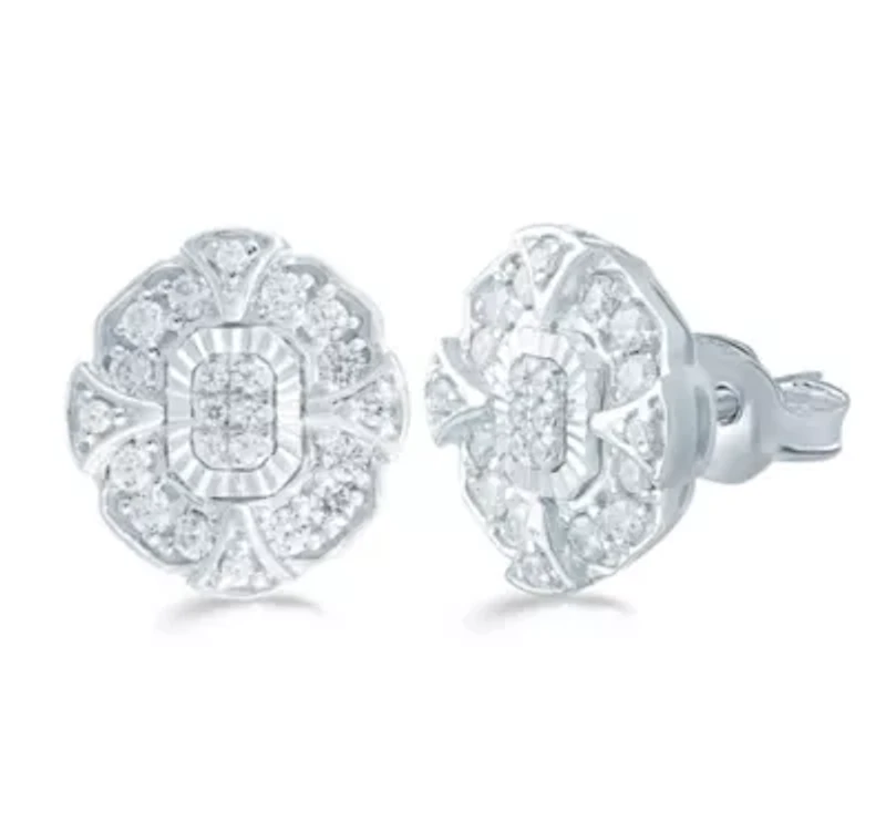 3/8 ct. t.w. Natural Diamond Emerald Cluster Stud Earring set in 925 Sterling Silver