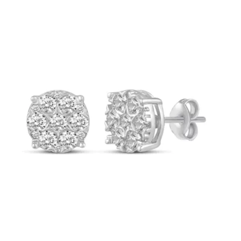 1.00 ct. t.w. Natural Diamond Round Cluster Earrings set in 925 Sterling Silver