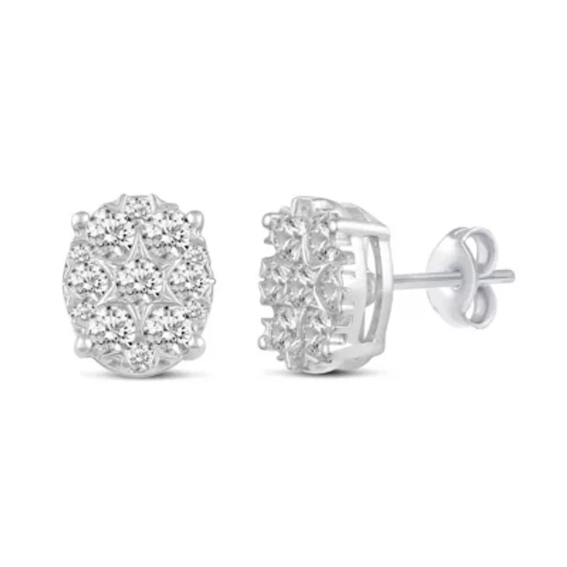 1.00 ct. t.w. Natural Diamond Oval Cluster Earrings set in 925 Sterling Silver