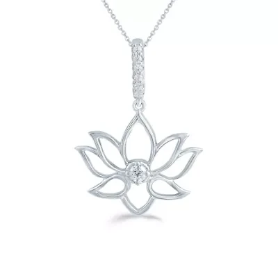 1/10 ct. t.w. Natural Diamond Lotus Flower Pendant set in 925 Sterling Silver with 18" Cable Chain