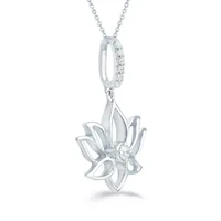 1/10 ct. t.w. Natural Diamond Lotus Flower Pendant set in 925 Sterling Silver with 18" Cable Chain
