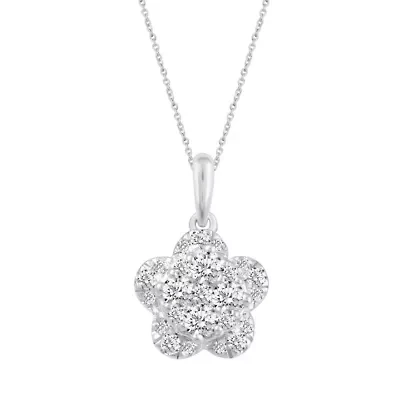 1/2 Ctw Diamond Flower Pendant in 14K White Gold with 18" cable chain