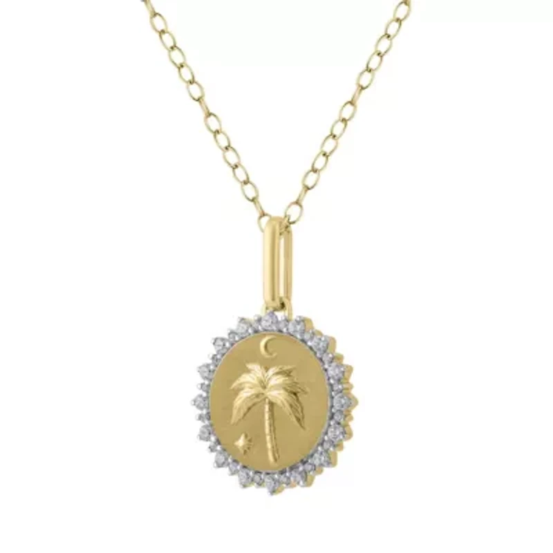 1/4Ctw Medallion Palm Tree Diamond Pendant in 925 Silver with 18K Yellow Gold Plating 18" Cable Chain