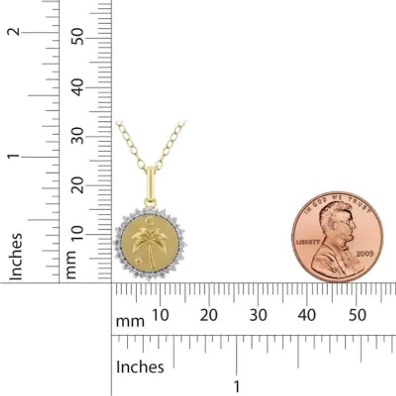 1/4Ctw Medallion Palm Tree Diamond Pendant in 925 Silver with 18K Yellow Gold Plating 18" Cable Chain