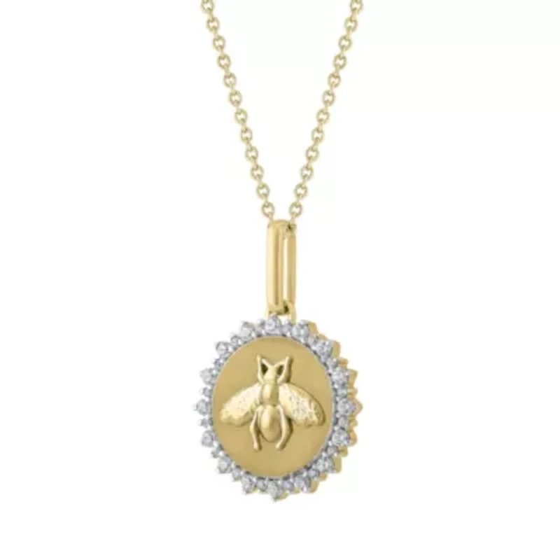 1/4Ctw Medallion Honey Bee Diamond Pendant in 925 Silver with 18K Yellow Gold Plating 18" Cable Chain