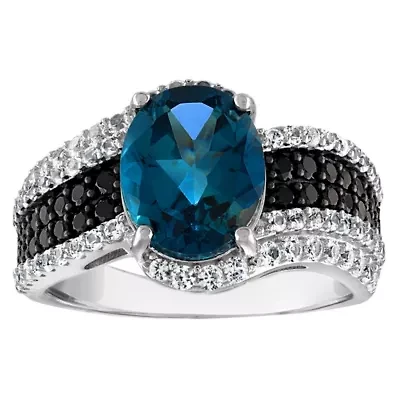 Sterling Silver London Blue Topaz, Black Spinel And Created White Sapphire Ring