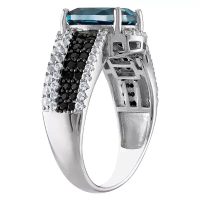 Sterling Silver London Blue Topaz, Black Spinel And Created White Sapphire Ring