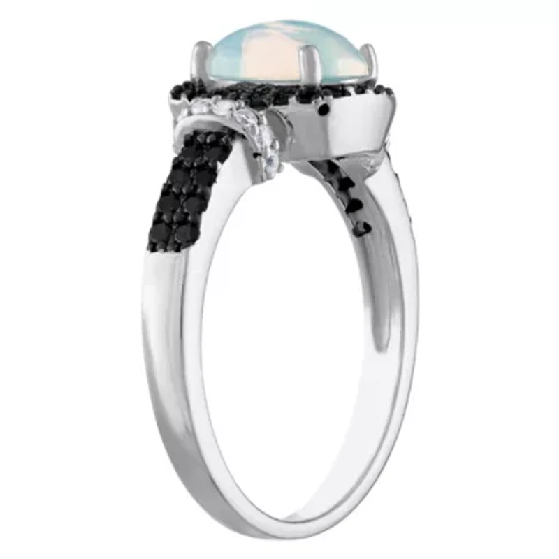 Sterling Silver Opal, Black Spinel, And Created White Sapphire Ring