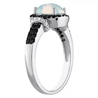 Sterling Silver Opal, Black Spinel, And Created White Sapphire Ring