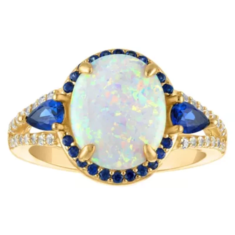 Lab Created 14K Gold Over Sterling Silver Opal, Sapphire, And White Sapphire Ring