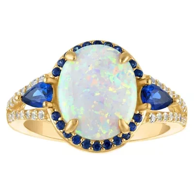 Lab Created 14K Gold Over Sterling Silver Opal, Sapphire, And White Sapphire Ring