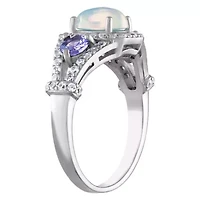 Sterling Silver Opal, Tanzanite, And Created White Sapphire Ring