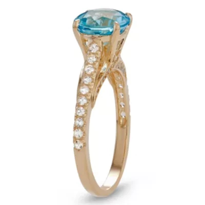 10K Gold Swiss Blue Topaz And Created White Sapphire Ring