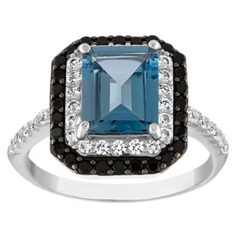 Sterling Silver London Blue Topaz, Black Spinel, Created White Sapphire Ring