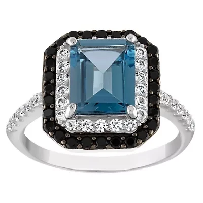 Sterling Silver London Blue Topaz, Black Spinel, Created White Sapphire Ring