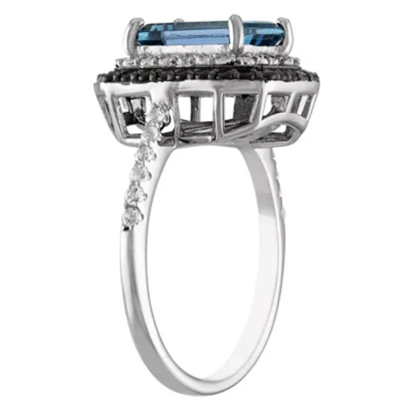Sterling Silver London Blue Topaz, Black Spinel, Created White Sapphire Ring