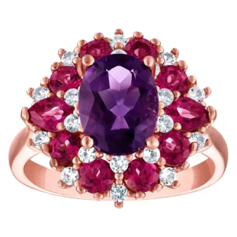 14K Rose Over Silver Amethyst, Pink Topaz And Created White Sapphire Ring