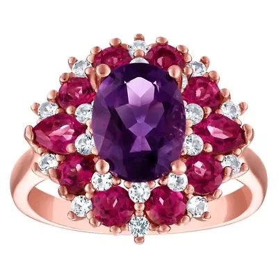 14K Rose Over Silver Amethyst, Pink Topaz And Created White Sapphire Ring