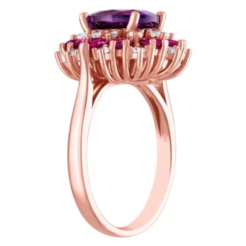 14K Rose Over Silver Amethyst, Pink Topaz And Created White Sapphire Ring