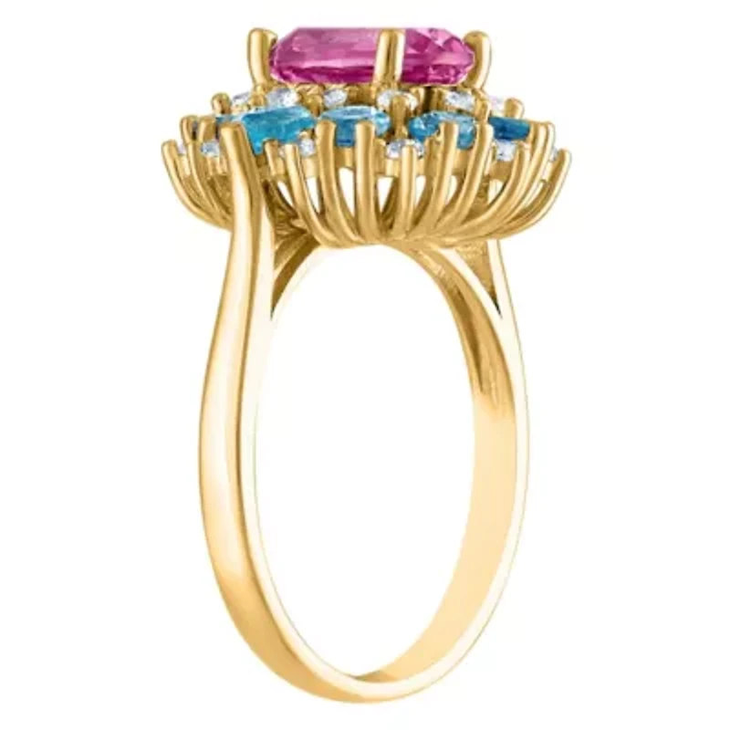 14K Gold Over Silver Pink Topaz, Swiss Blue And Created White Sapphire Ring