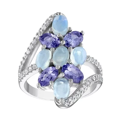 Sterling Silver Opal, Tanzanite, And Created White Sapphire Ring