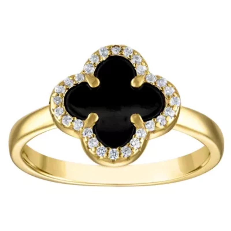 Sterling Silver Genuine Black Onyx And White Cz Clover Ring