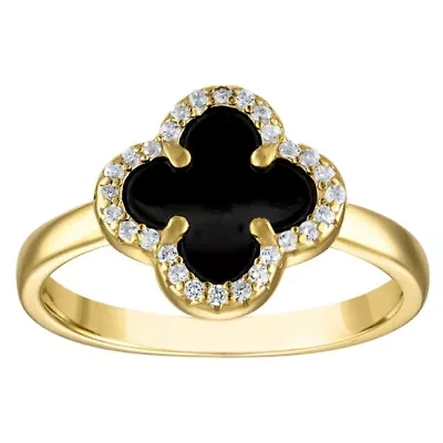 Sterling Silver Genuine Black Onyx And White Cz Clover Ring