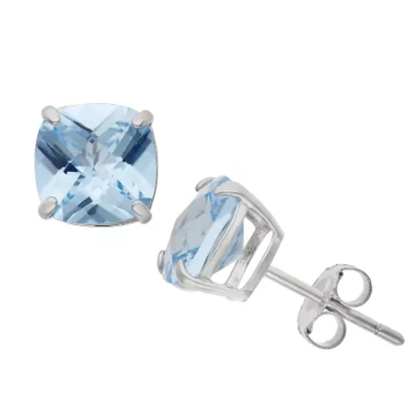 Lab Created Sterling Silver 8mm Aqua Cushion Stud Earrings