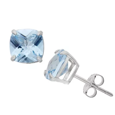 Lab Created Sterling Silver 8mm Aqua Cushion Stud Earrings