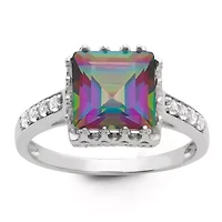 Sterling Silver Garnet And White Cz Square Ring