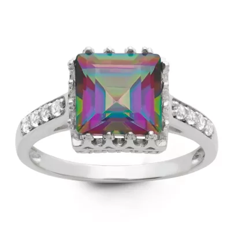 Sterling Silver Garnet And White Cz Square Ring