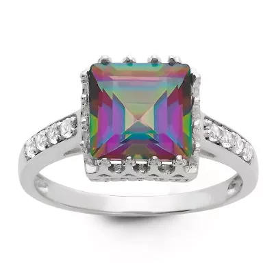 Sterling Silver Garnet And White Cz Square Ring