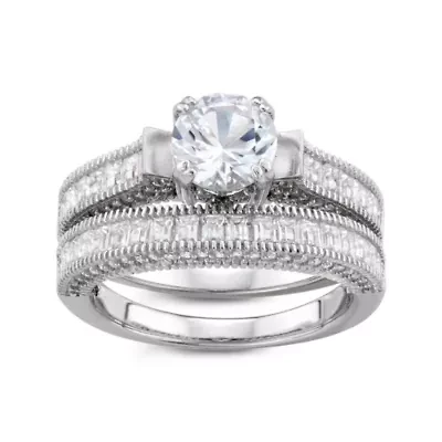 Lab Created Sterling Silver White Sapphire Rnd Halo Engagement Stackable Ring