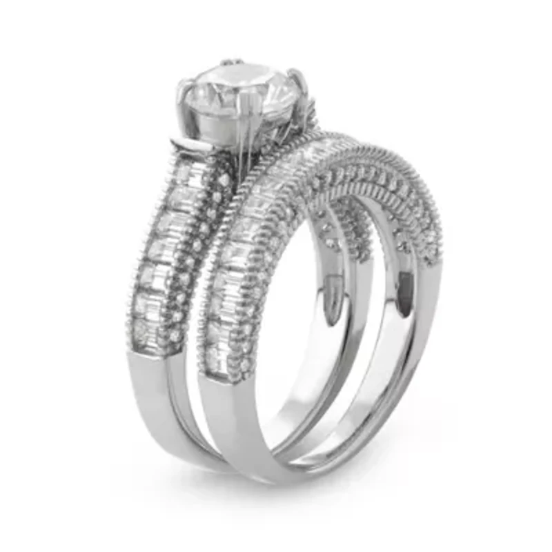 Lab Created Sterling Silver White Sapphire Rnd Halo Engagement Stackable Ring